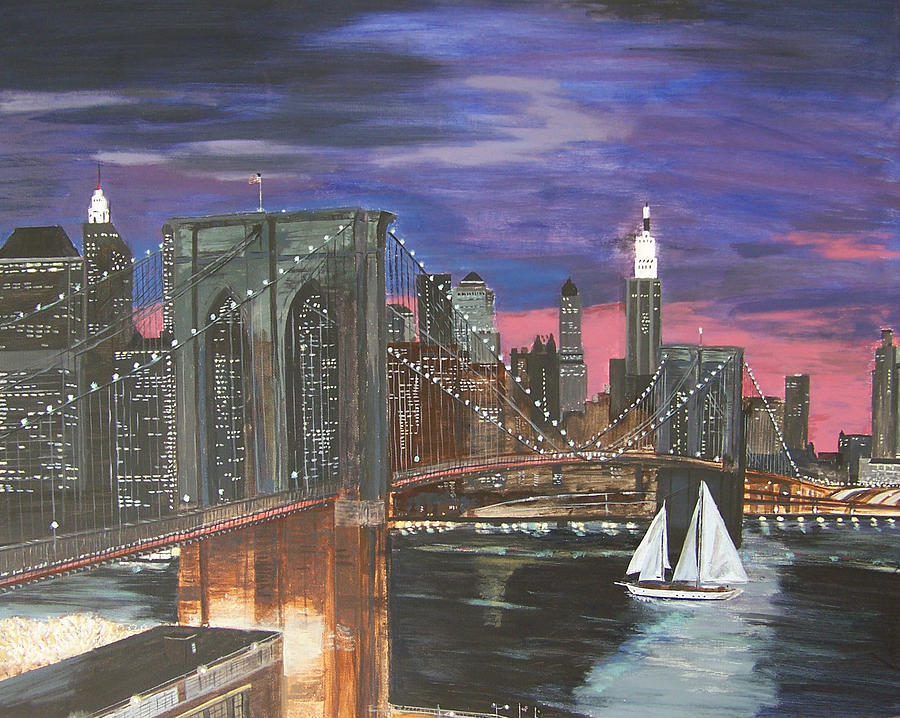 Nyc Brooklyn Bridge Painting - NYC Brooklyn Bridge Sunset by David Lambertino