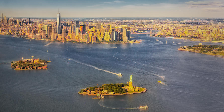 Brooklyn Bridge Photograph - NYC Iconic Landmarks Aerial View by Susan Candelario