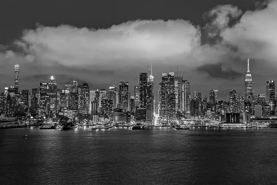 NYC Skyline At Night BW Photograph by Susan Candelario