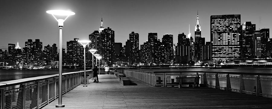 Nyc Skyline From Gantry State Park At Night Black And White