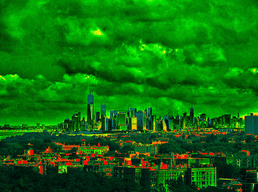 NYC Skyline Night Vision Mixed Media by Stacie Siemsen