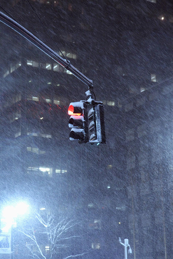 Snow Storm Photograph - NYC Traffic Signal hanging in snow storm on  Park Avenue and 46th Street by Alexander Winogradoff
