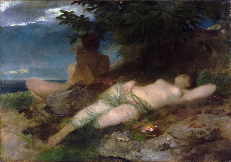 Nymph and Satyr Painting by Arnold Boecklin