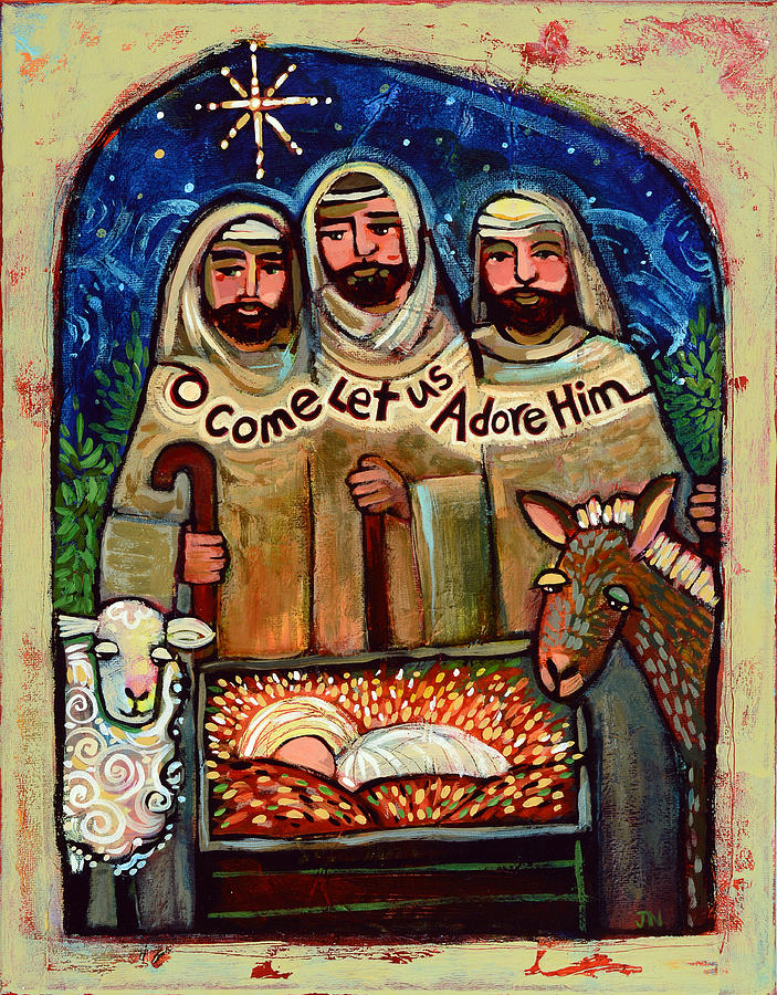 Sheep Painting - O Come Let Us Adore Him Shepherds by Jen Norton