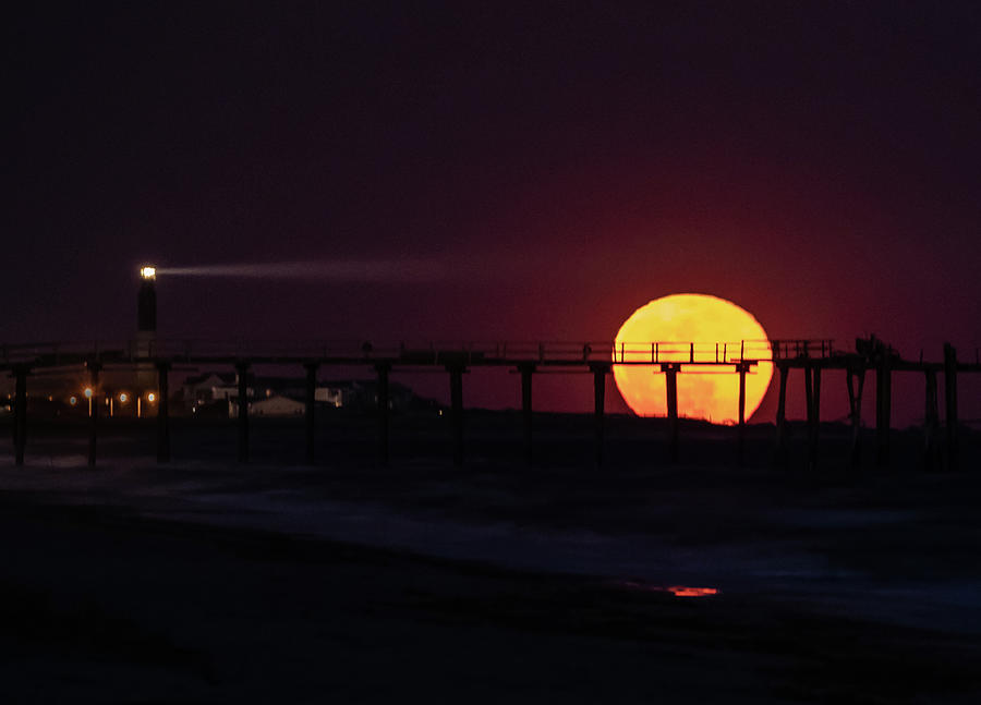 Oak Island Pier full Moon Photograph by Nick Noble