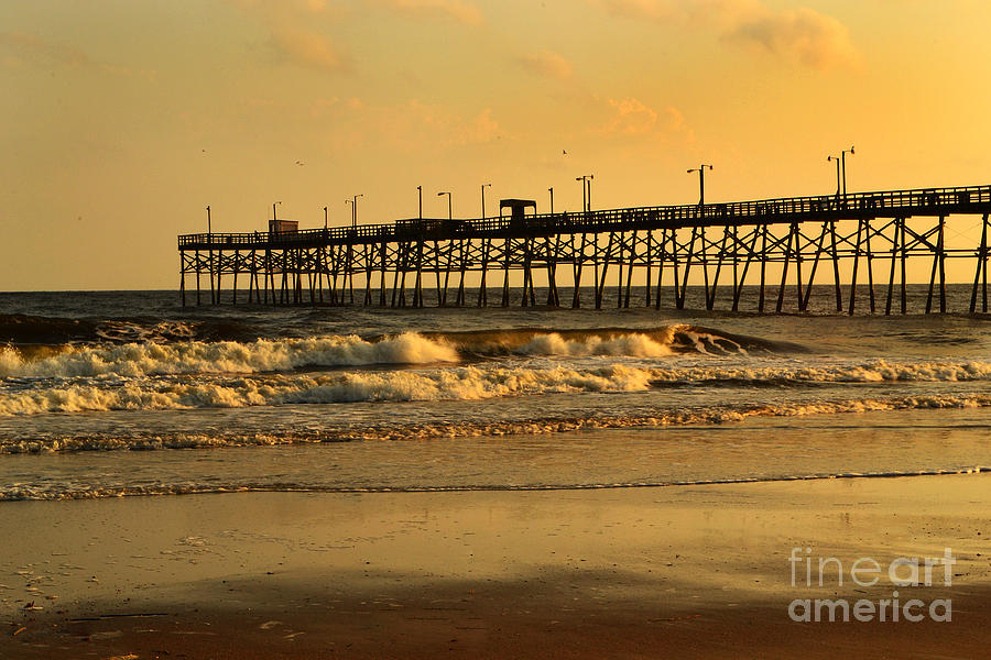 Oak Island Pier Golden Sunset  Photograph by Amy Lucid
