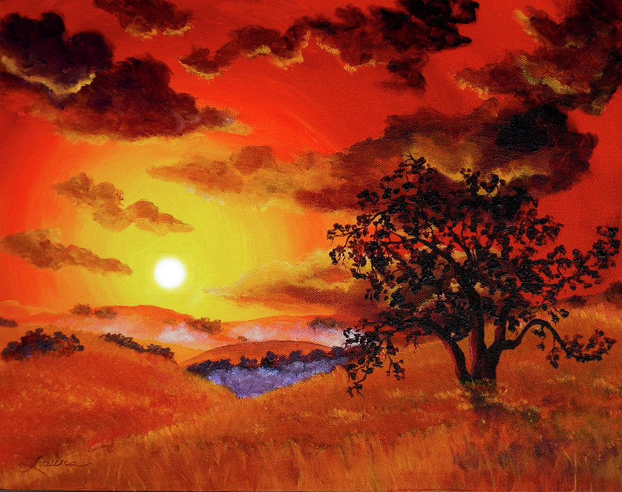 Oak Tree in Red Sunset Painting by Laura Iverson