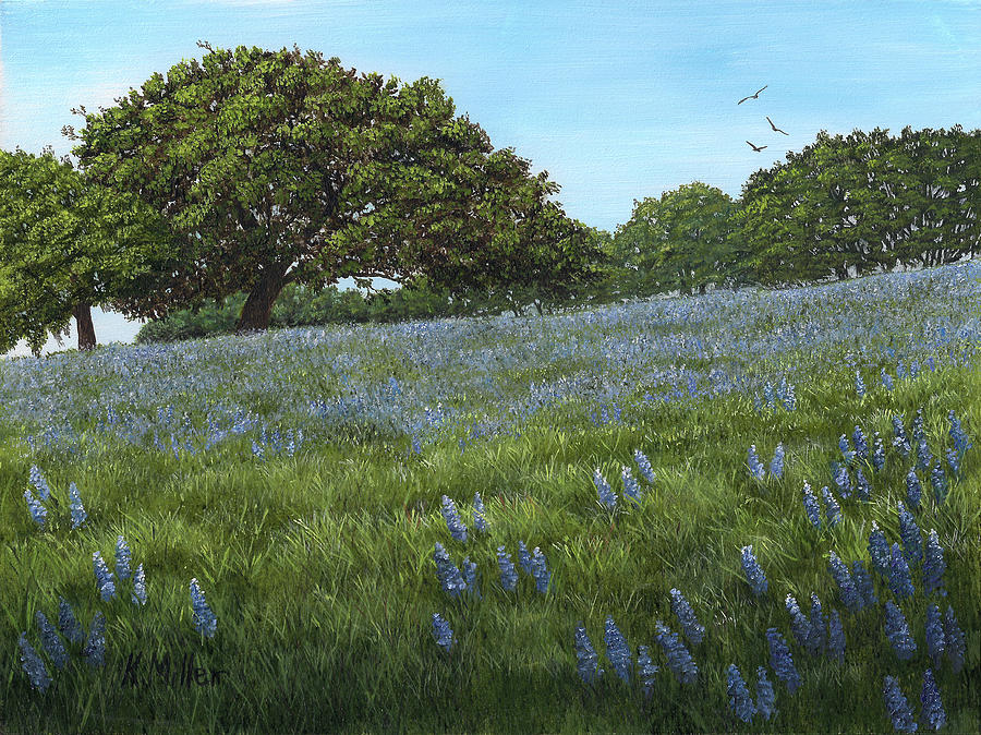 Oak Trees and Lupine Flowers Painting by Kathie Miller