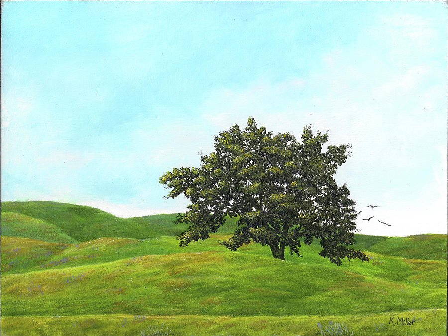 Lone Oak and Wildflowers Painting by Kathie Miller