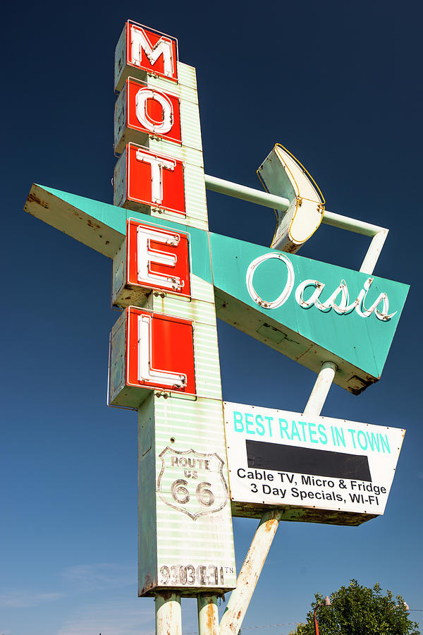 Architecture Photograph - Oasis Motel Vintage Neon Sign - Colorful Photograph by Gregory Ballos