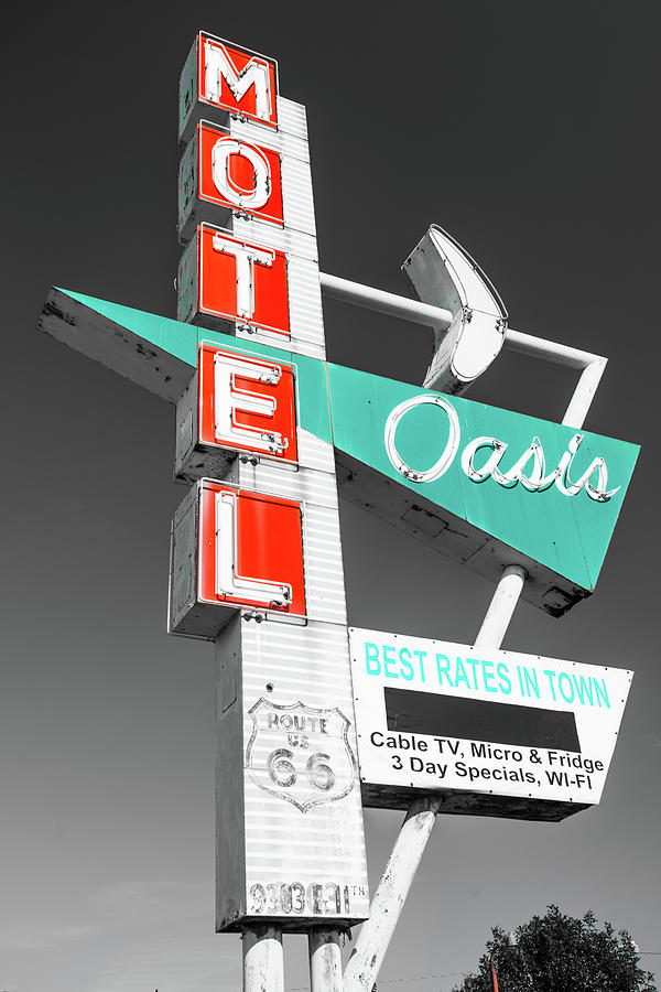 Tulsa Photograph - Oasis Motel Vintage Neon Sign - Selective Color by Gregory Ballos