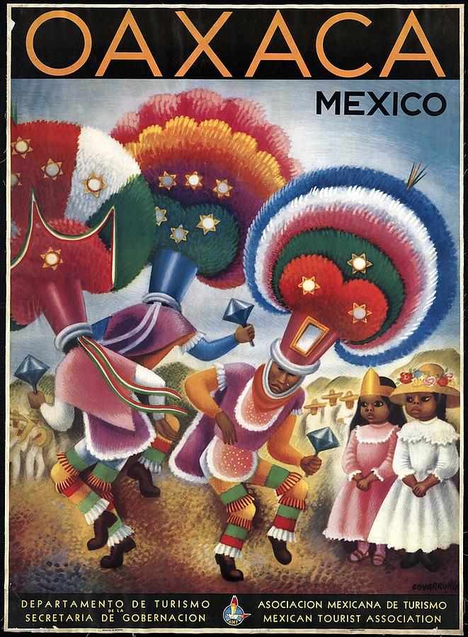 Vintage Mixed Media - Oaxaca, Mexico - Mexicans Dancing in Ceremonial Dress - Retro travel Poster - Vintage Poster by Studio Grafiikka