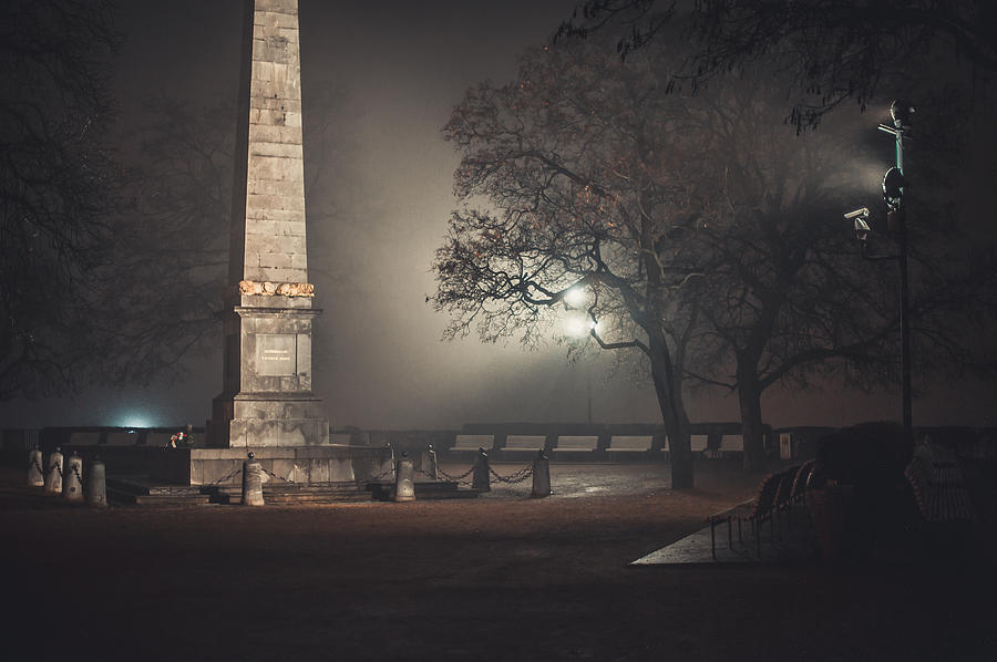 Obelisk. Denis Gardens. Misty Nights In Brno Photograph by Jenny Rainbow