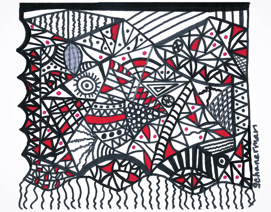 Objective Contrast with Red and Silver Drawing by Susan Schanerman