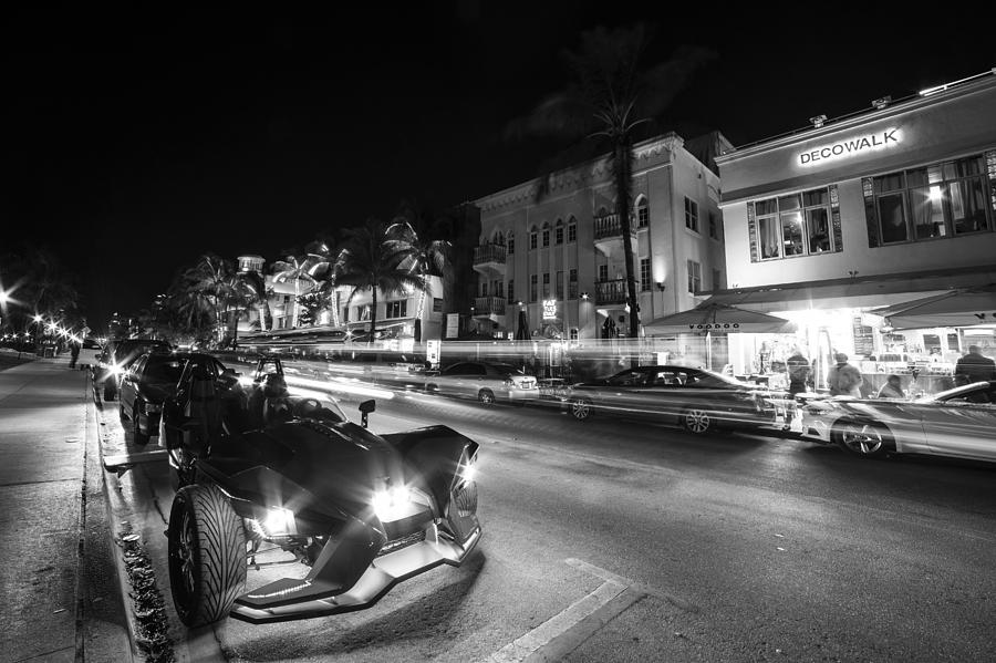 Ocean Ave at Night Miami Florida Art Deco Black and White Photograph by Toby McGuire