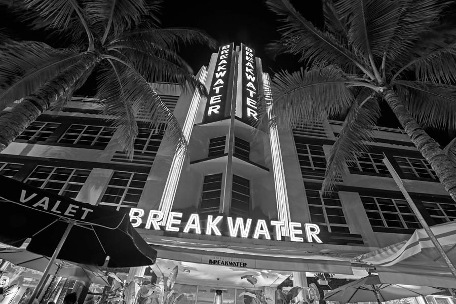Ocean Ave at Night Miami Florida Art Deco The Breakwater Black and White Photograph by Toby McGuire