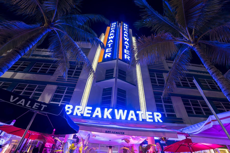 Ocean Ave at Night Miami Florida Art Deco The Breakwater Photograph by Toby McGuire