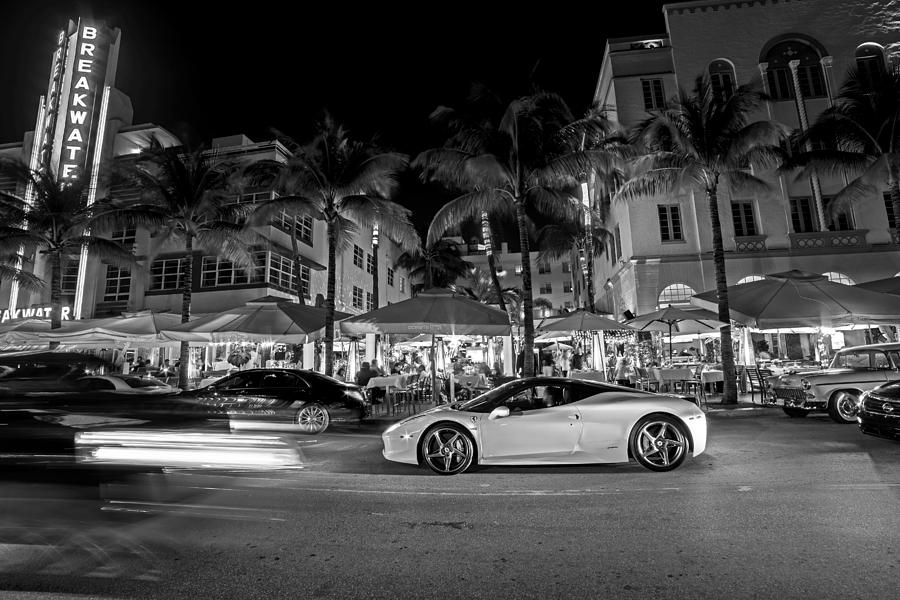 Ocean Ave at Night Miami Florida The Breakwater Black and White Photograph by Toby McGuire