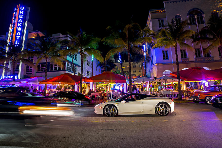 Ocean Ave At Night Miami Florida The Breakwater Photograph By Toby Mcguire