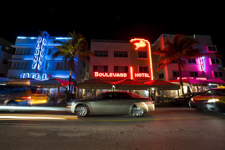 Ocean Ave at Night Miami Florida The Colony Photograph by Toby McGuire
