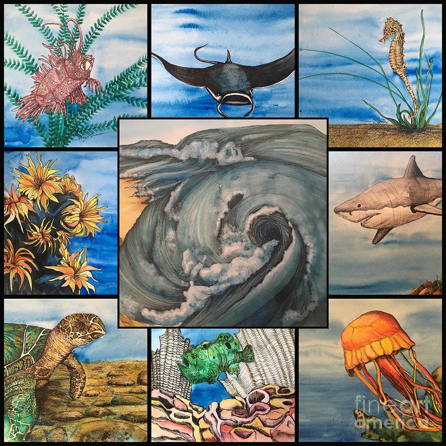 Whimsical Ocean Folk Art Fine Art Print of Colorful Mixed Media Collage
