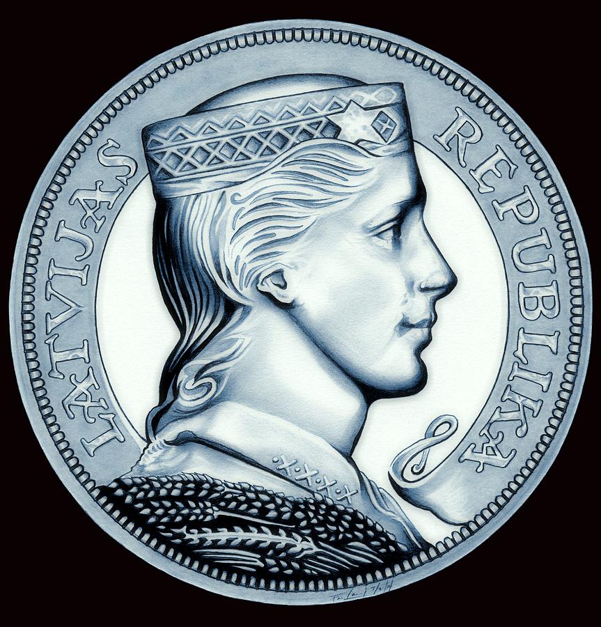 Coin Drawing - Ocean Latvia Crown by Fred Larucci