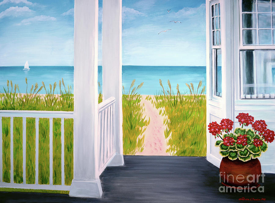 Ocean Porch View And Geraniums Painting