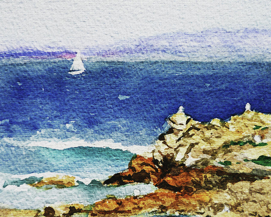 Ocean Shore Watercolor Impressionism Painting