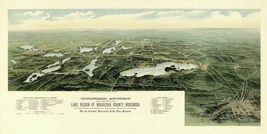 Map Painting - Oconomowoc, Waukesha and the lake region of Waukesha County, Wisconsin, Chicago by Richards Engraving