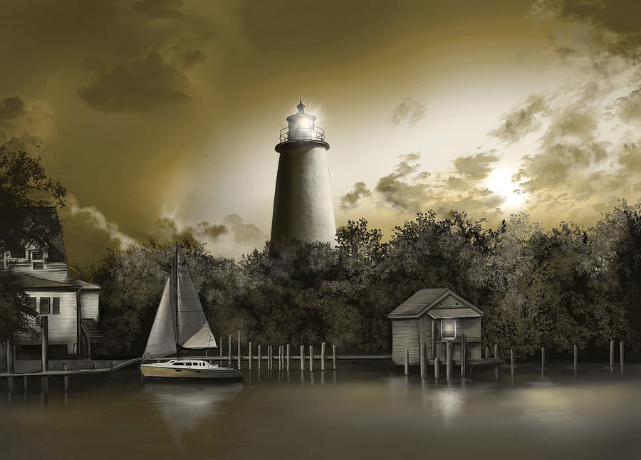 Sunset Painting - Ocracoke Lighhouse Sepia by Bekim M