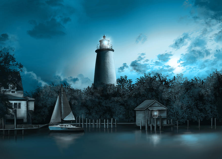 Ocracoke Lighthouse Blue Painting by Bekim M
