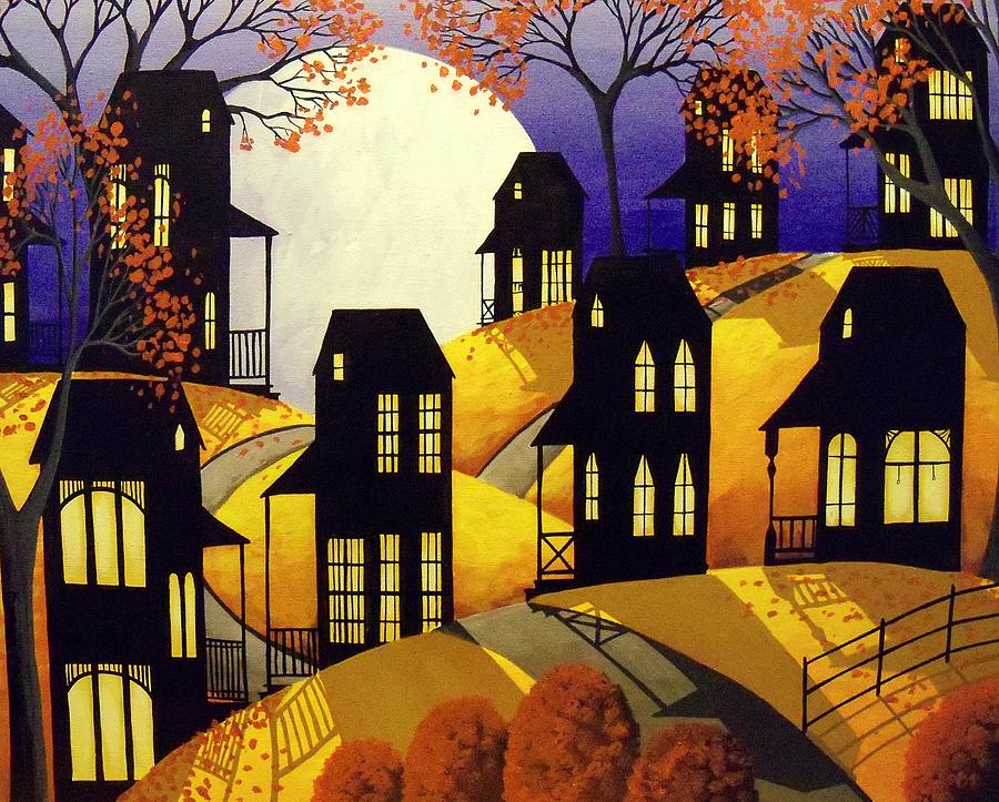 October Moon - folk art Autumn landscape Painting by Debbie Criswell