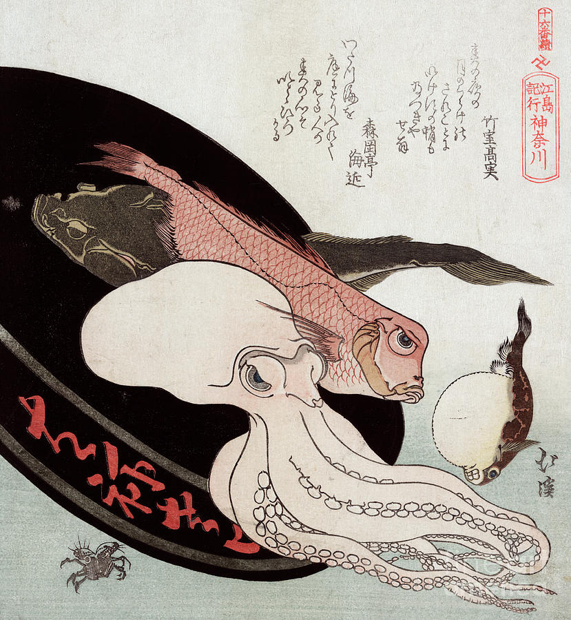 Octopus and Ocean Fish Painting by Totoya Hokkei