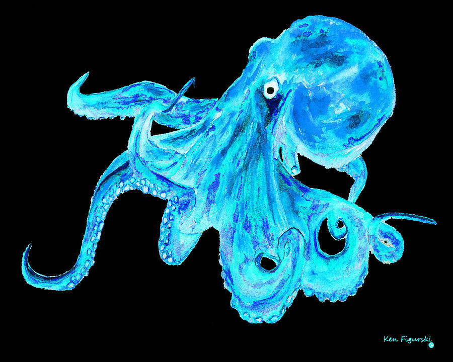 Octopus  Blue on Black Painting by Ken Figurski