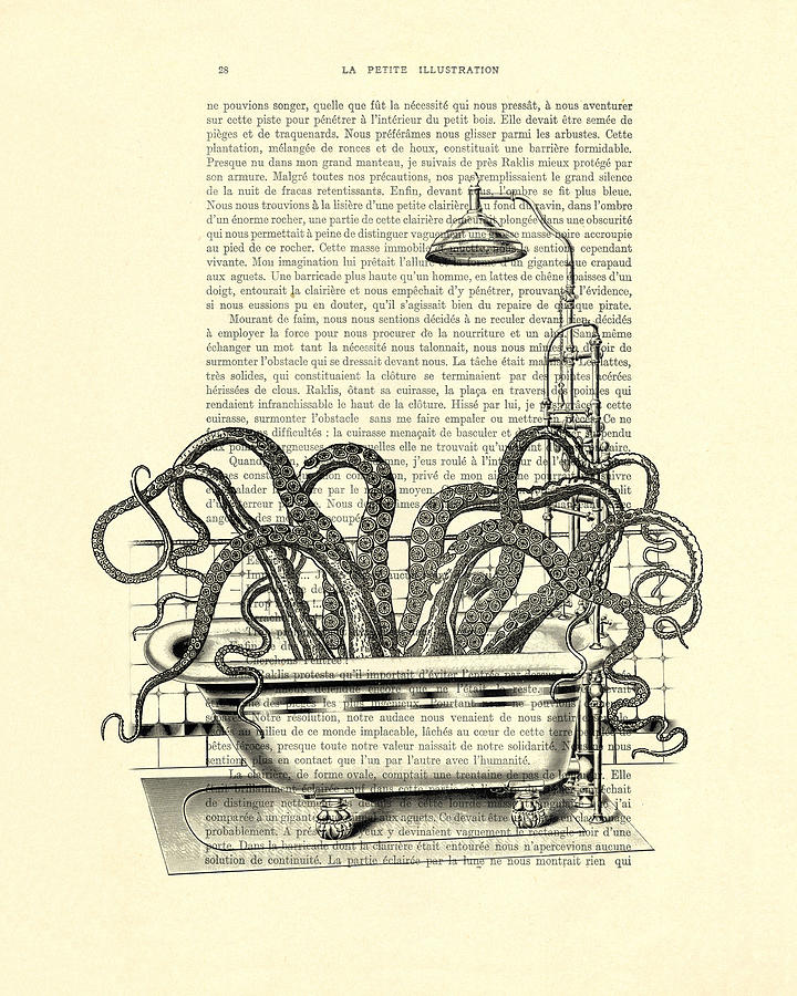 Vintage Digital Art - Octopus taking a bath by Madame Memento