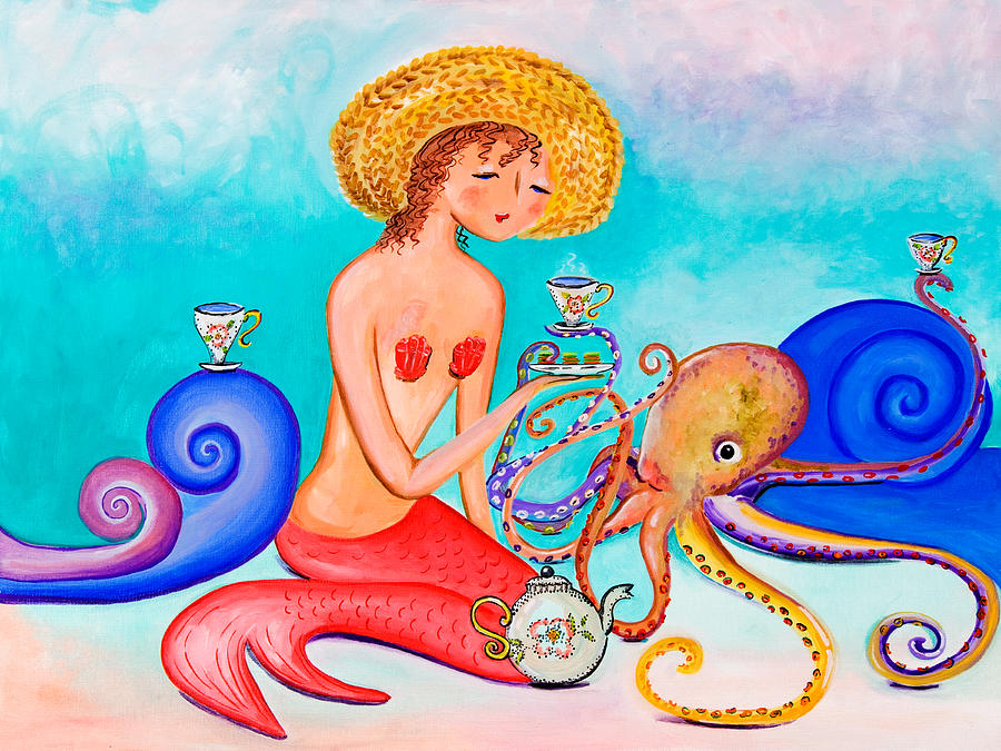Mermaid Painting - Octopus Tea Time by Theresa LaBrecque