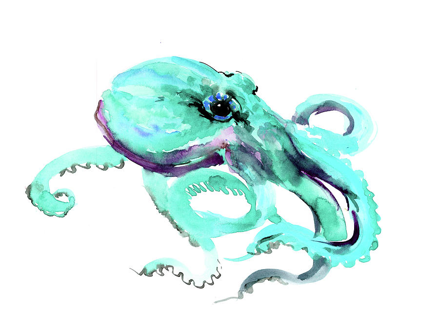 Octopus, turquoise, underwater, tropical children design, animal illustration octopus art Painting by Suren Nersisyan