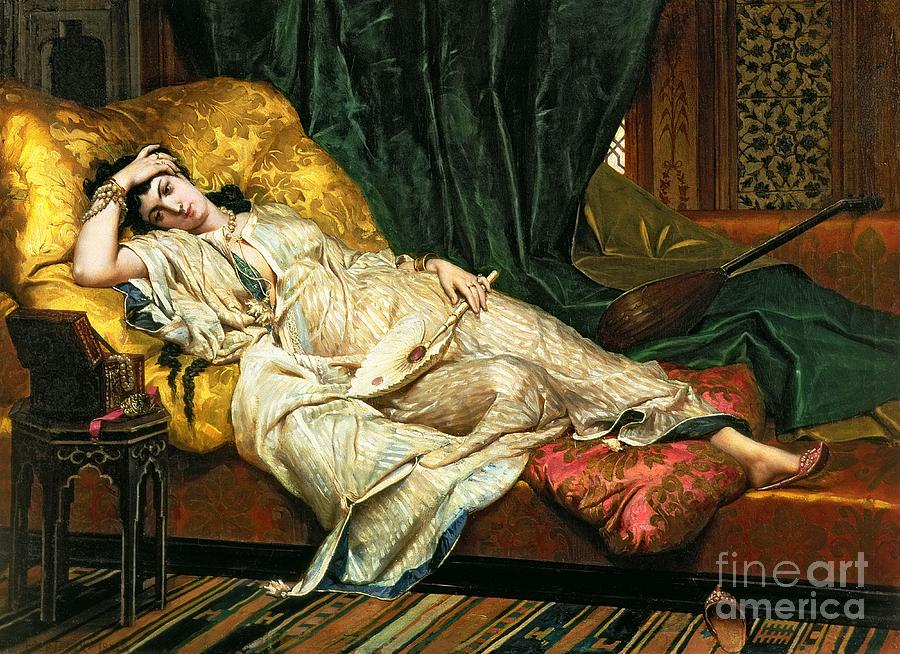 Odalisque with a lute Painting by Hippolyte Berteaux