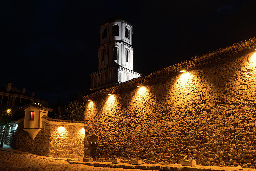 Of Stone Walls and Bell Towers - Yellow Lit Night in Old Town Plovdiv Bulgaria Photograph by Georgia Mizuleva