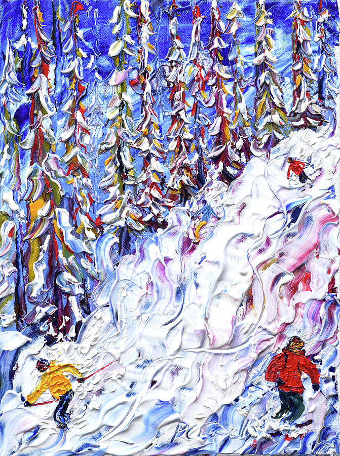 Off Piste in the woods above Morzine Painting by Pete Caswell