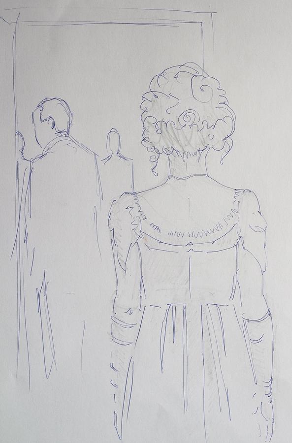 Off To Dinner - line illustration of a young woman in a twenties period dress Drawing by Mike Jory