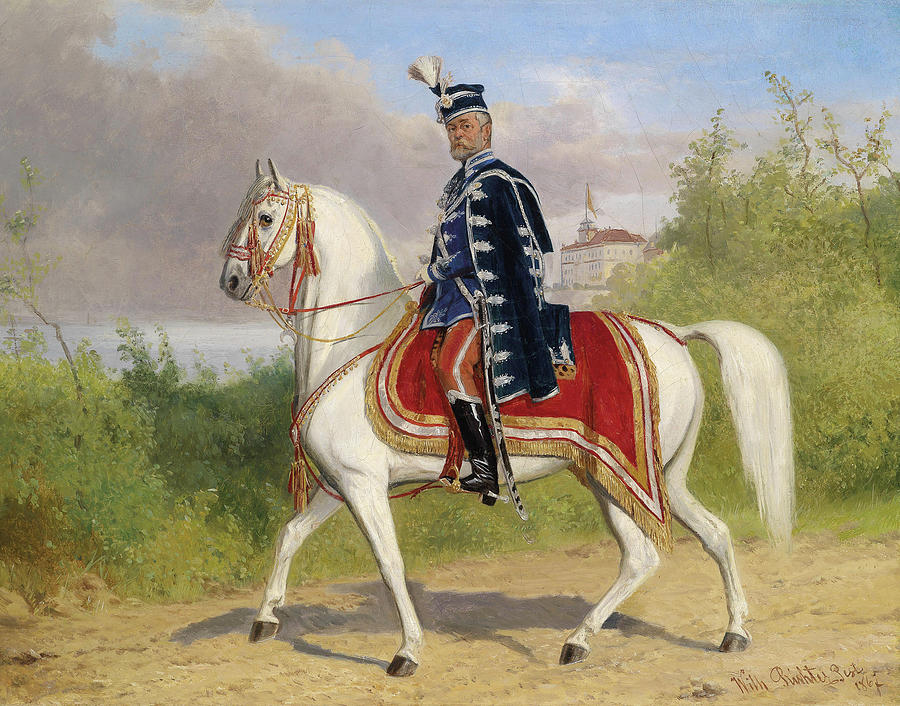 White Horse Painting - Officer of the Hungarian Hussars member of the upper chamber on Horseback. Acsa Castle in the backgr by Wilhelm Richter