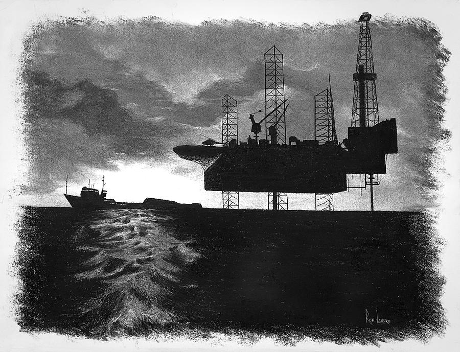 Offshore Oil Platform Drawing by Ron Landry