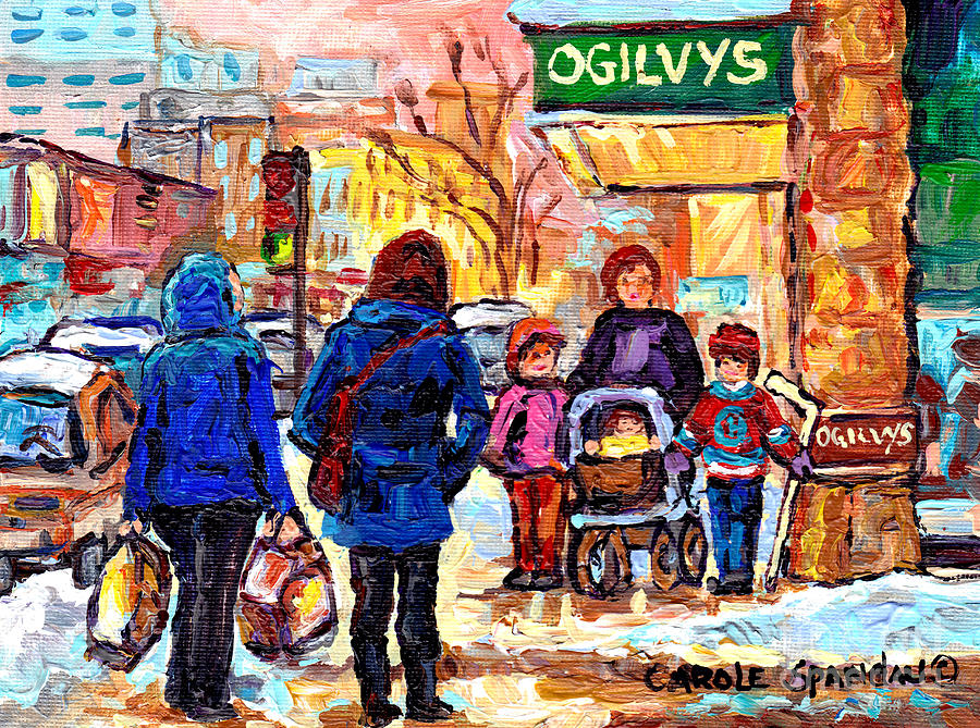 Ogilvys Beautiful Sunny Winter Stroll Downtown Montreal City Scene Painting Carole Spandau          Painting by Carole Spandau