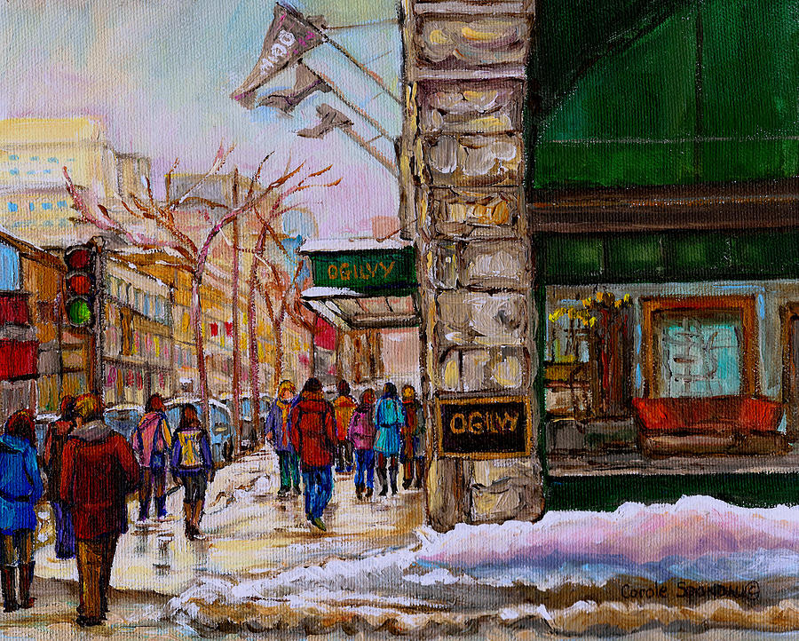 Ogilvys Department Store Rue St. Catherine Downtown Montreal City Street Scene  Painting by Carole Spandau