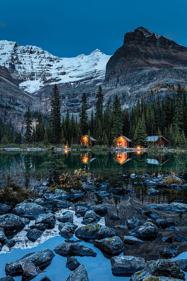 Cabin Photograph - OHara Lake Lodge twilight by Pierre Leclerc Photography