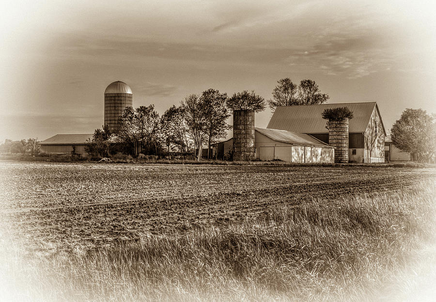 Ohio Farm and Barn with Trees in Silos - Sepia Photograph by Ina ...