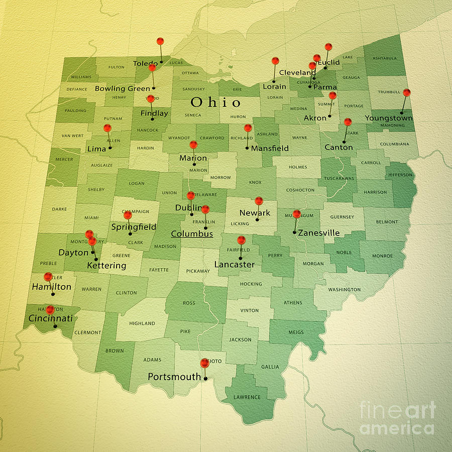 Ohio Map Square Cities Straight Pin Vintage Digital Art By Frank Ramspott Pixels 3442