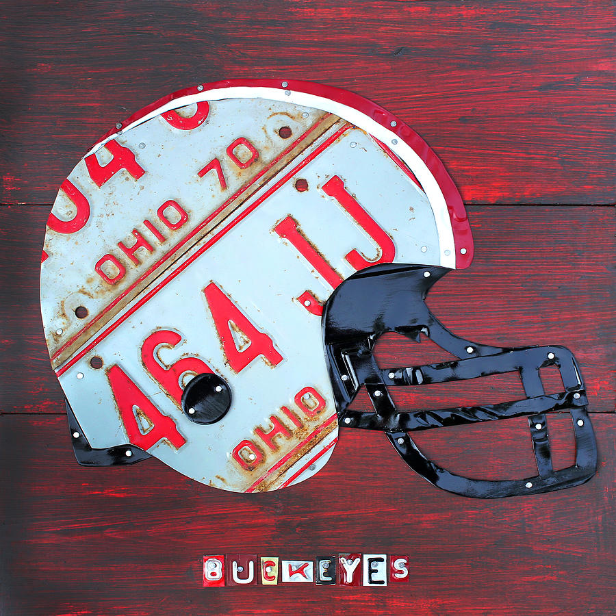 Football Mixed Media - Ohio State Buckeyes Football Helmet Recycled Vintage License Plate Art by Design Turnpike