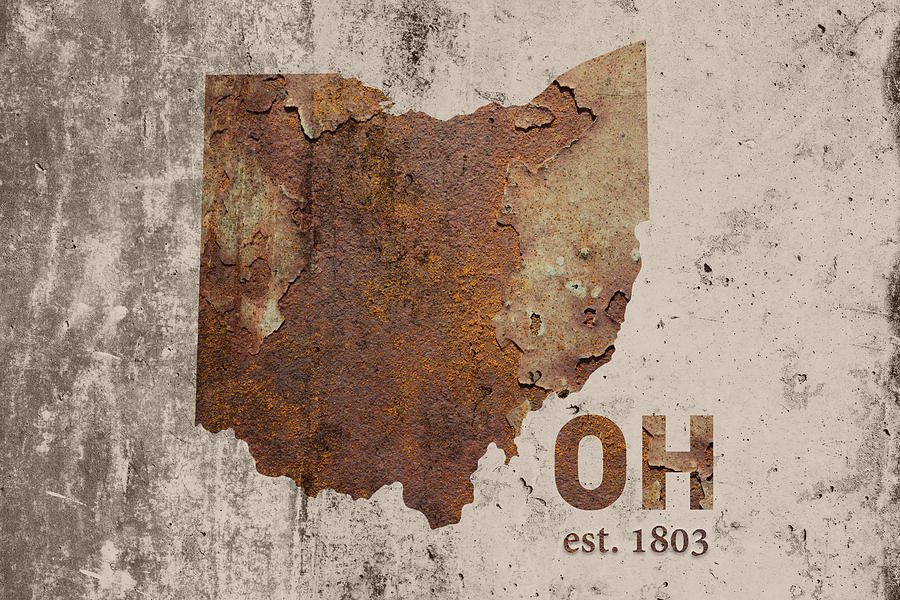 Cleveland Mixed Media - Ohio State Map Industrial Rusted Metal on Cement Wall with Founding Date Series 018 by Design Turnpike